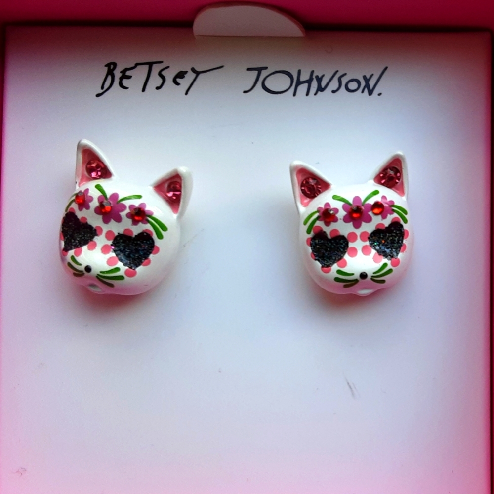 Betsey Johnson Cat Earrings, Styled in "El Día de los Muertos" Motif